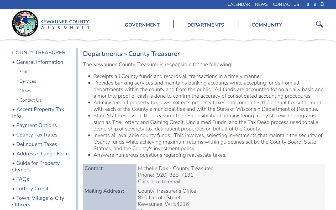 Kewaunee County Property Tax Records treasurer page