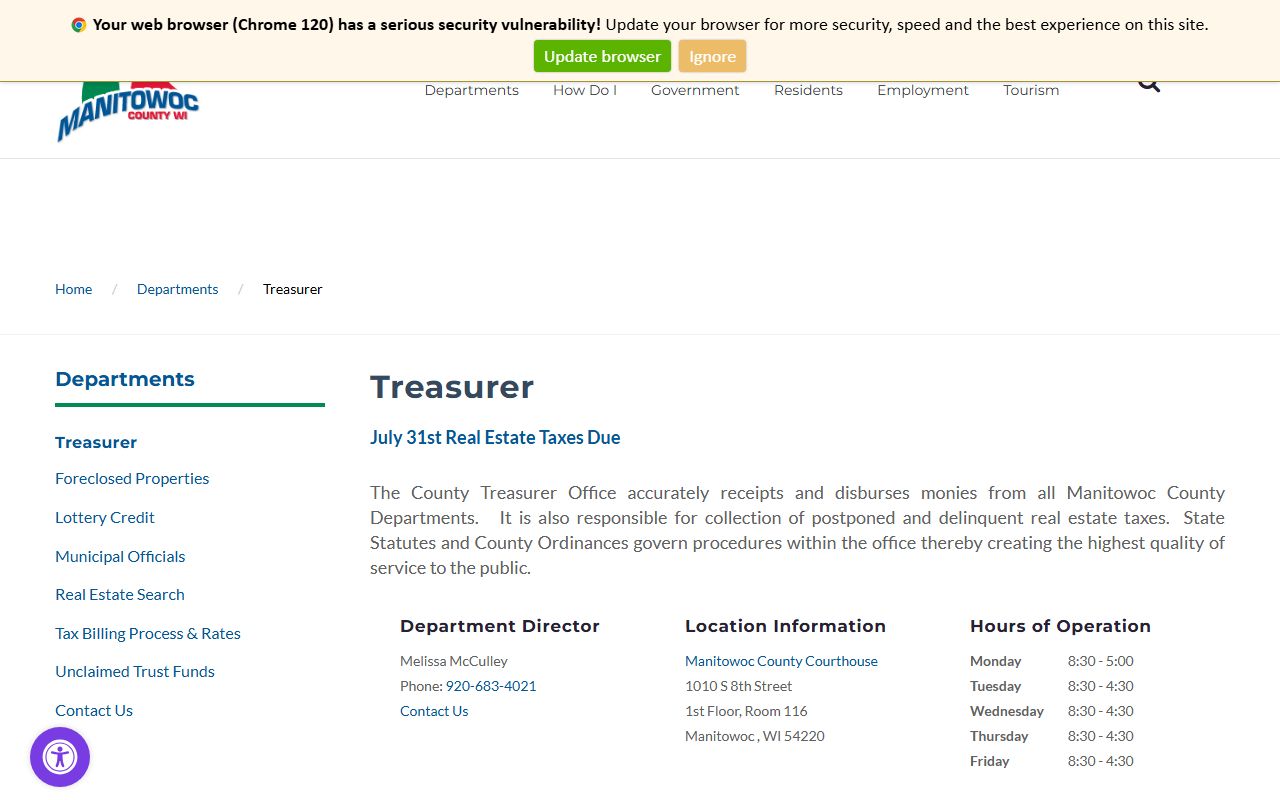 Manitowoc County Property Tax Records treasurer page screenshot