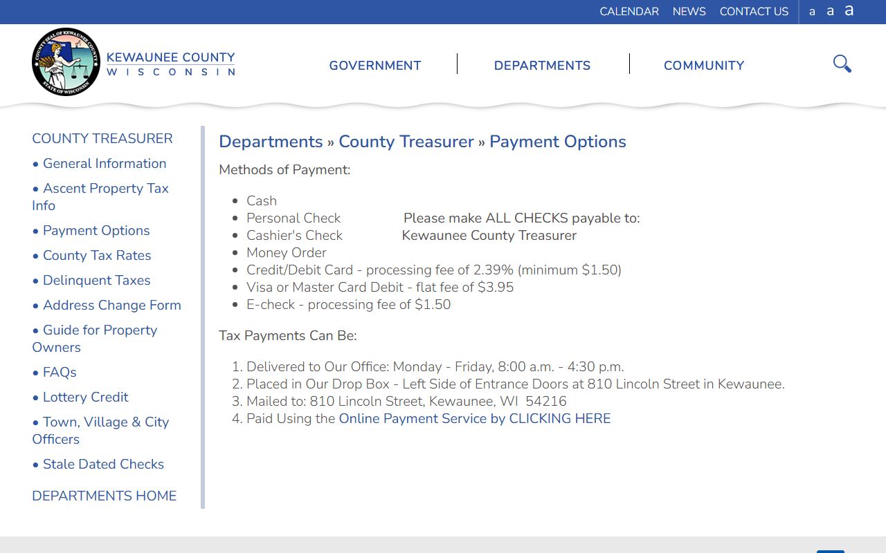 Kewaunee County Property Tax Records payment options