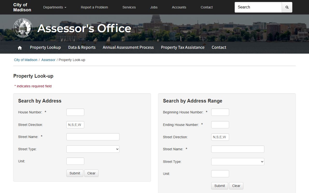 Wisconsin Property Tax Records example from the Madison Assessor property lookup